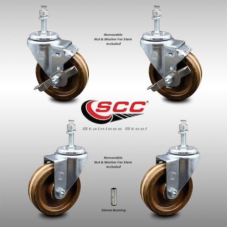 Service Caster 4 Inch SS High Temp Phenolic Swivel 10mm Threaded Stem Caster Brakes, 2PK SCC-SSTS20S414-PHSHT-M1015-2-TLB-2